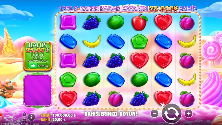 Sweet Bonanza 1000 oyun ekranında 25 TL Double Chance kutusu