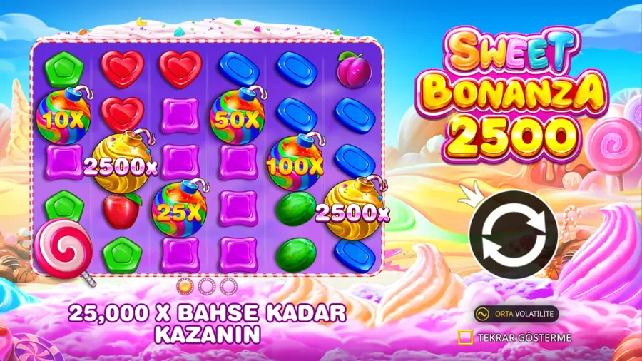 Sweet Bonanza 2500 açılış ekranında 10x, 50x, 100x ve 2500x çarpan bombaları