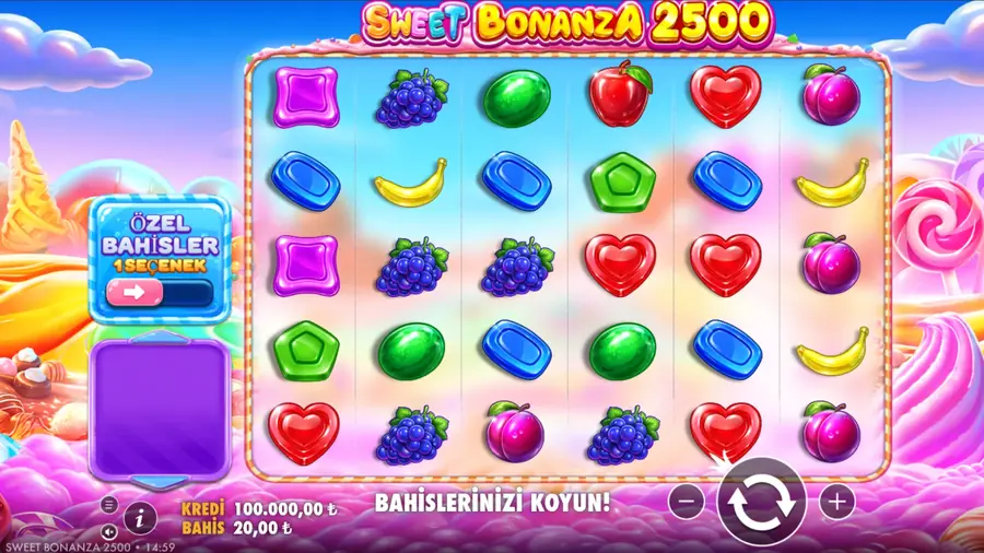 Sweet Bonanza 2500 oyun ekranında Özel Bahisler menüsü