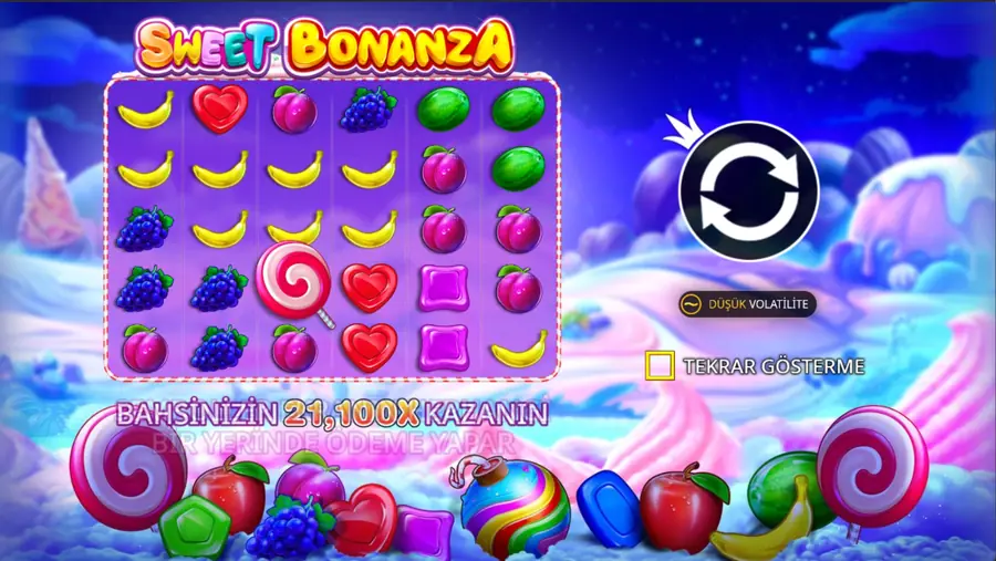 Sweet Bonanza açılış ekranı, düşük volatilite etiketi ve 21.100x kazanç yazısı