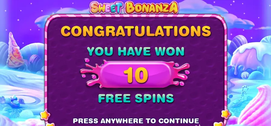 Sweet Bonanza bonus turu başlangıcında 10 free spin kazanıldı ekranı